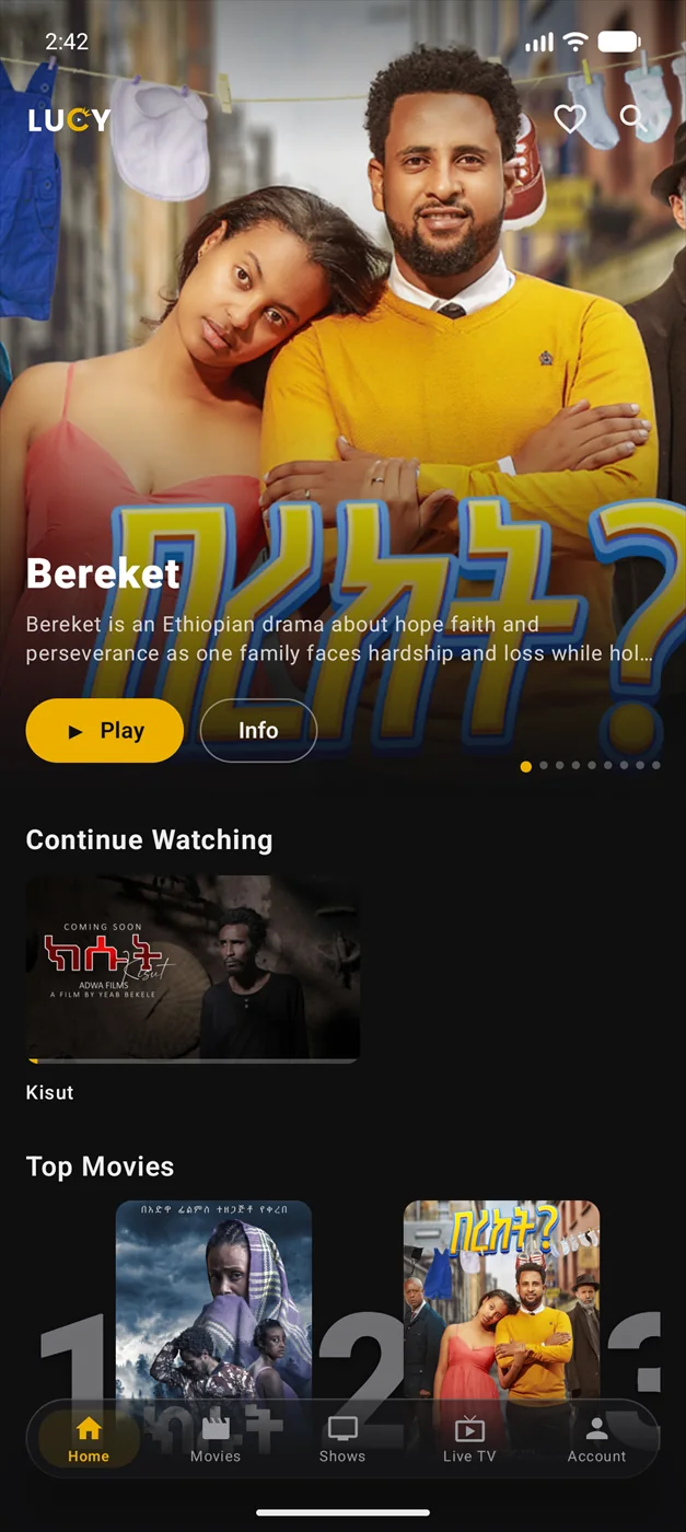 Lucy TV app — home screen