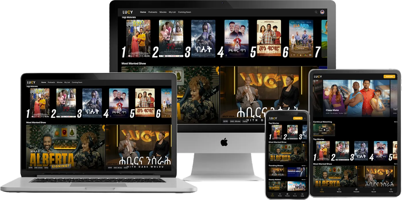 Lucy TV running on a desktop, a laptop, a tablet and a phone at once, showing real catalogue artwork
