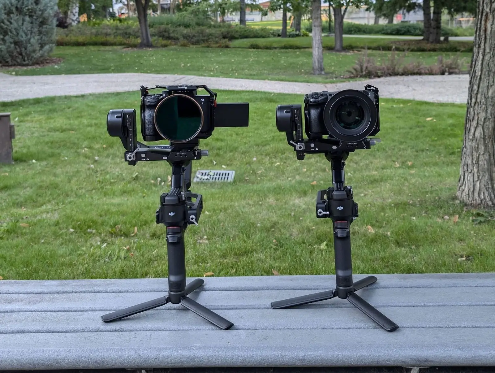 Two camera rigs on gimbals, ready to roll